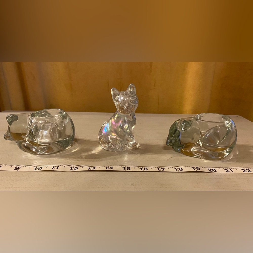 PERFECT Iridescent Glass Cat And 2 Glass Candle Holders Mo Chips Cracks or Flaws - Picture 10 of 10